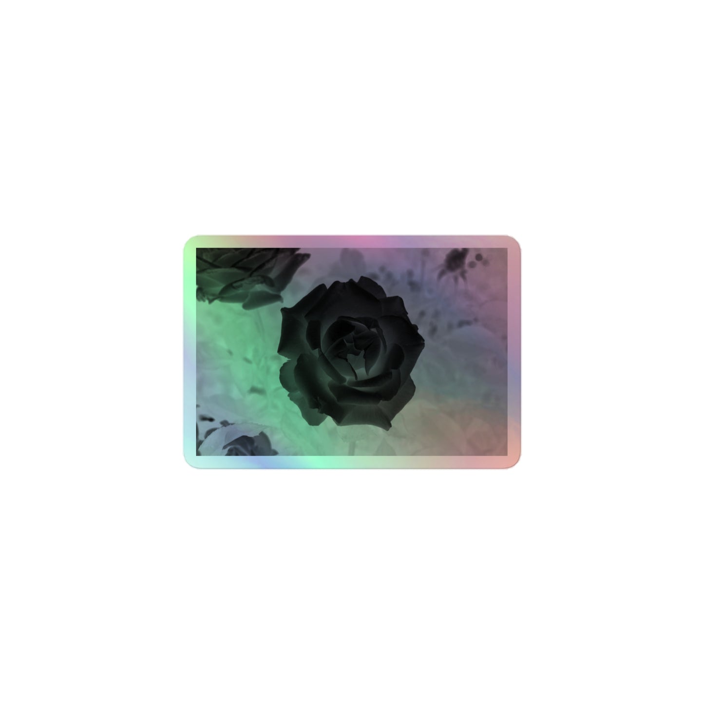 A small rectangular holographic sticker with an image of a black x-ray rose design.
