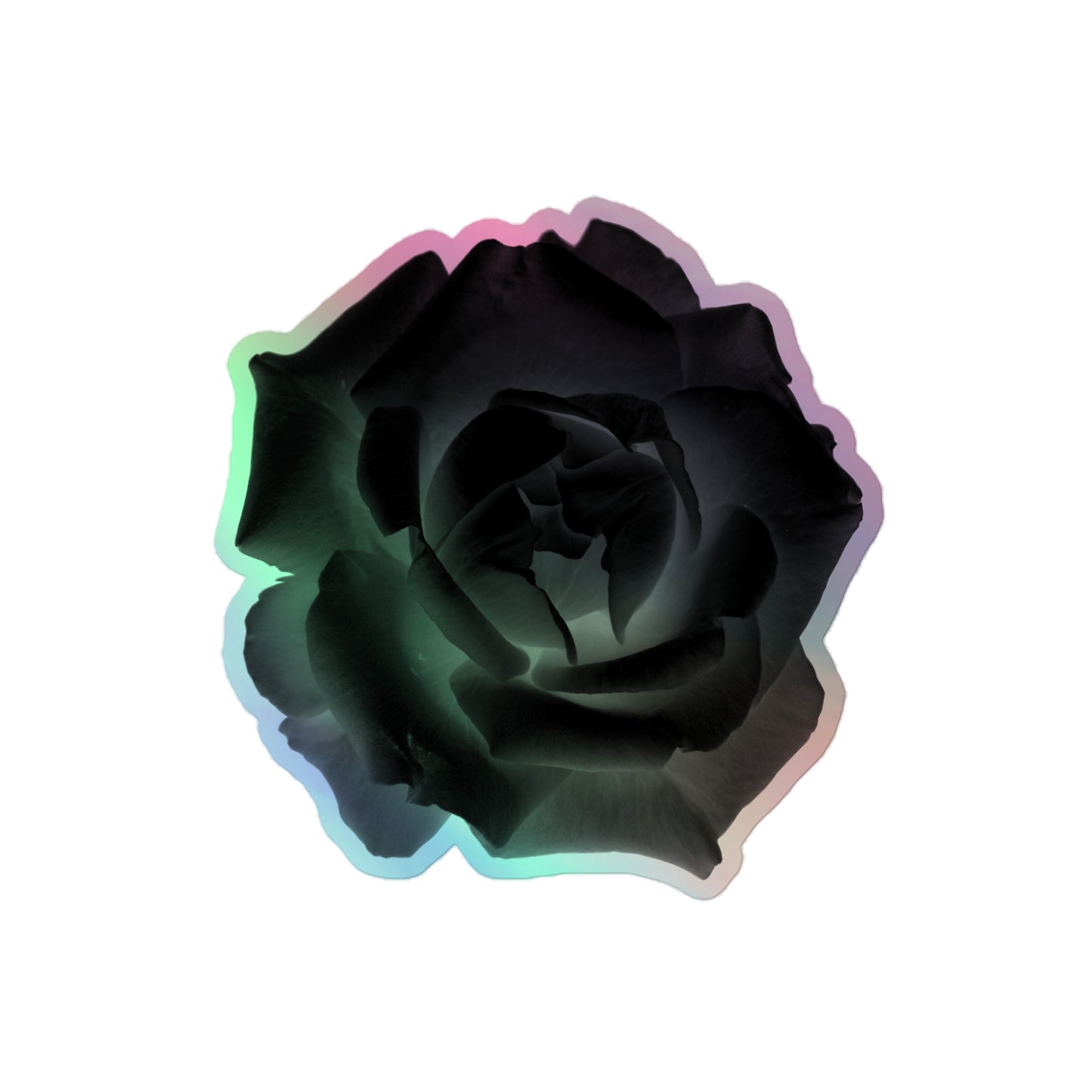 A medium kiss-cut holographic sticker with an image of a black x-ray rose design.
