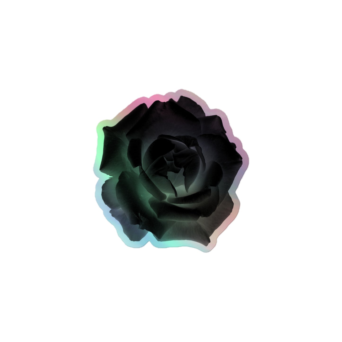 A small kiss-cut holographic sticker with an image of a black x-ray rose design.