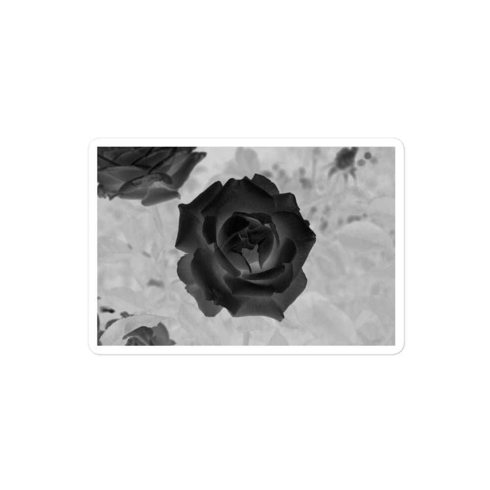 A medium rectangular vinyl sticker with an image of a black x-ray rose design.