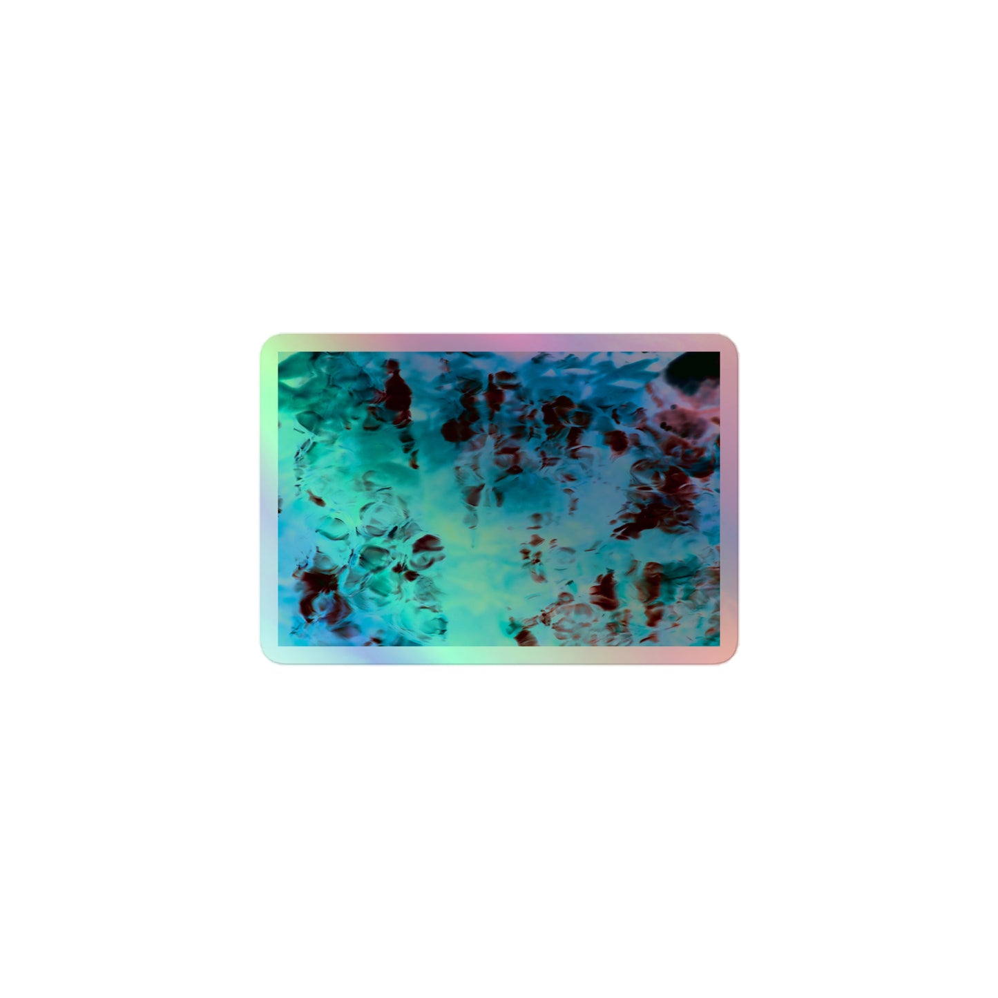 A small rectangular holographic sticker with an image of a vivid blue and red water reflection design.