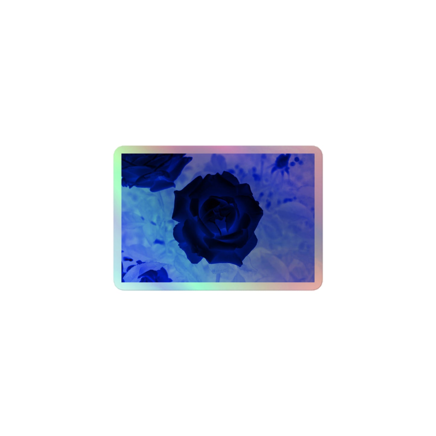 A small rectangular holographic sticker with an image of a blue x-ray rose design.