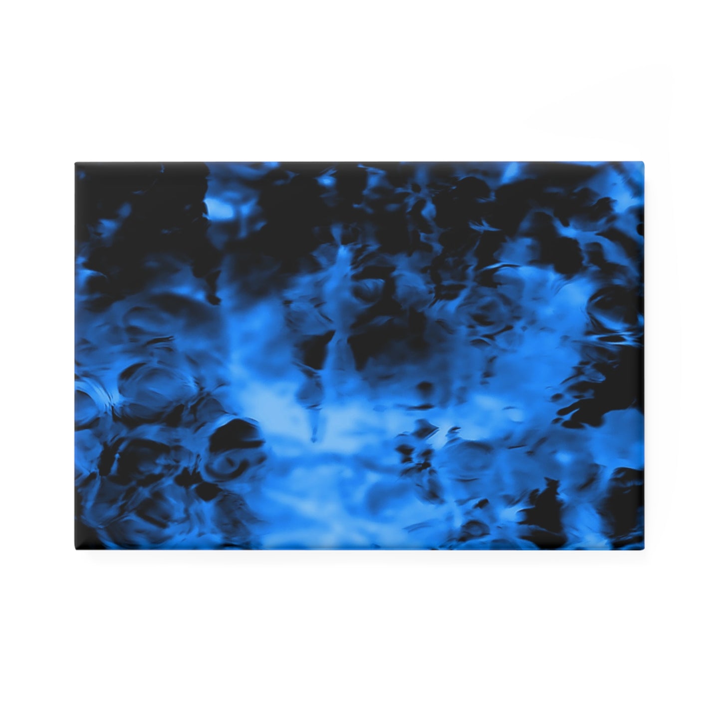 A rectangular button magnet with an image of a vivid blue and black water reflection design.