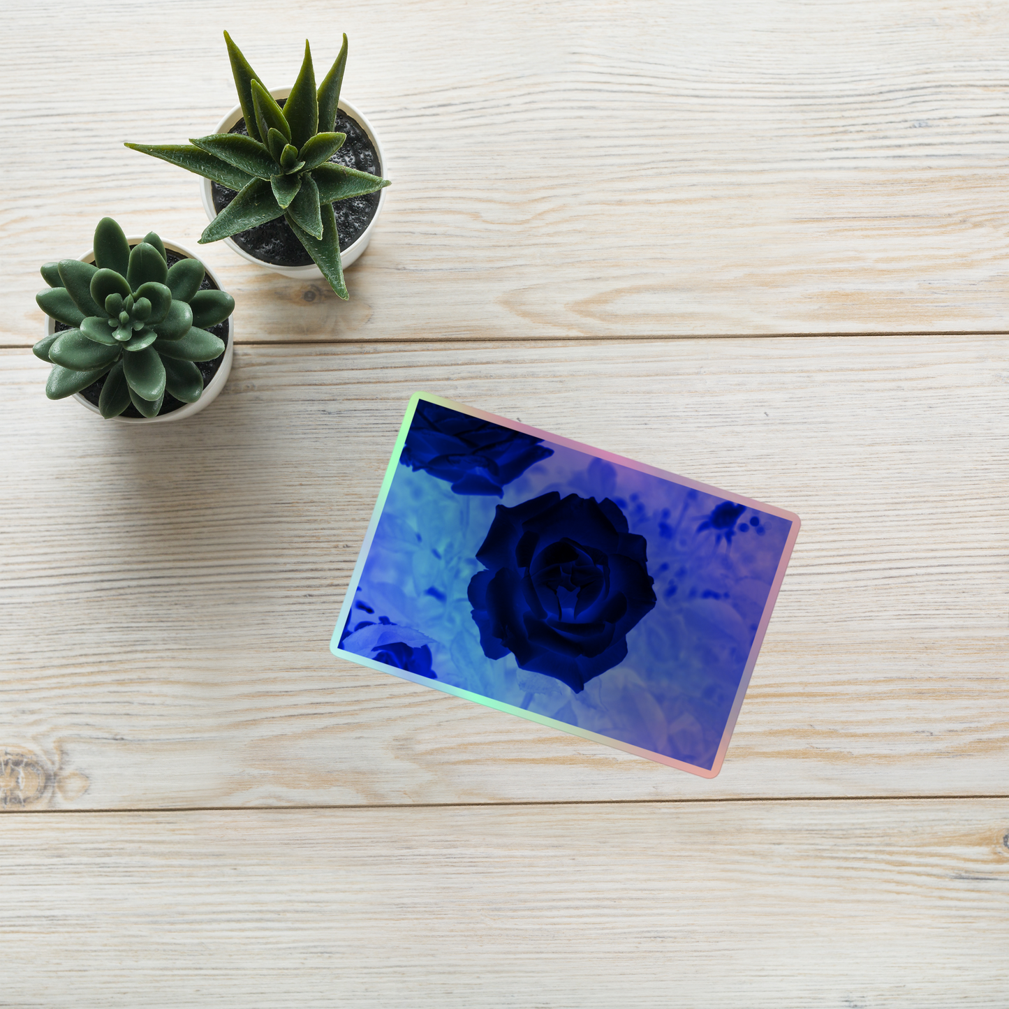 Lifestyle photo of a rectangular holographic sticker with an image of a blue x-ray rose design, placed on a table with two small succulents.