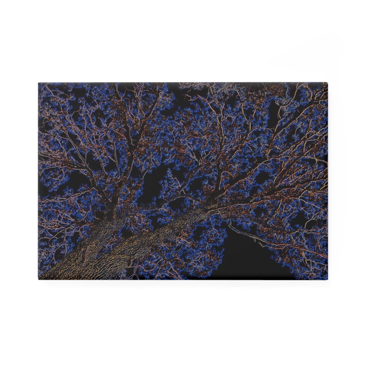 A rectangular button magnet with an image of a neon blue and yellow tree design with lightning like features.