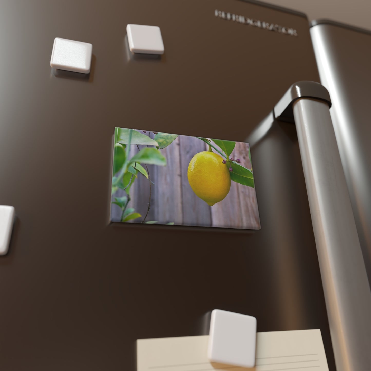 Lifestyle photo of a rectangular button magnet with an image of a bright yellow lemon hanging from a green leafy branch against a wooden fence background, placed on a fridge.