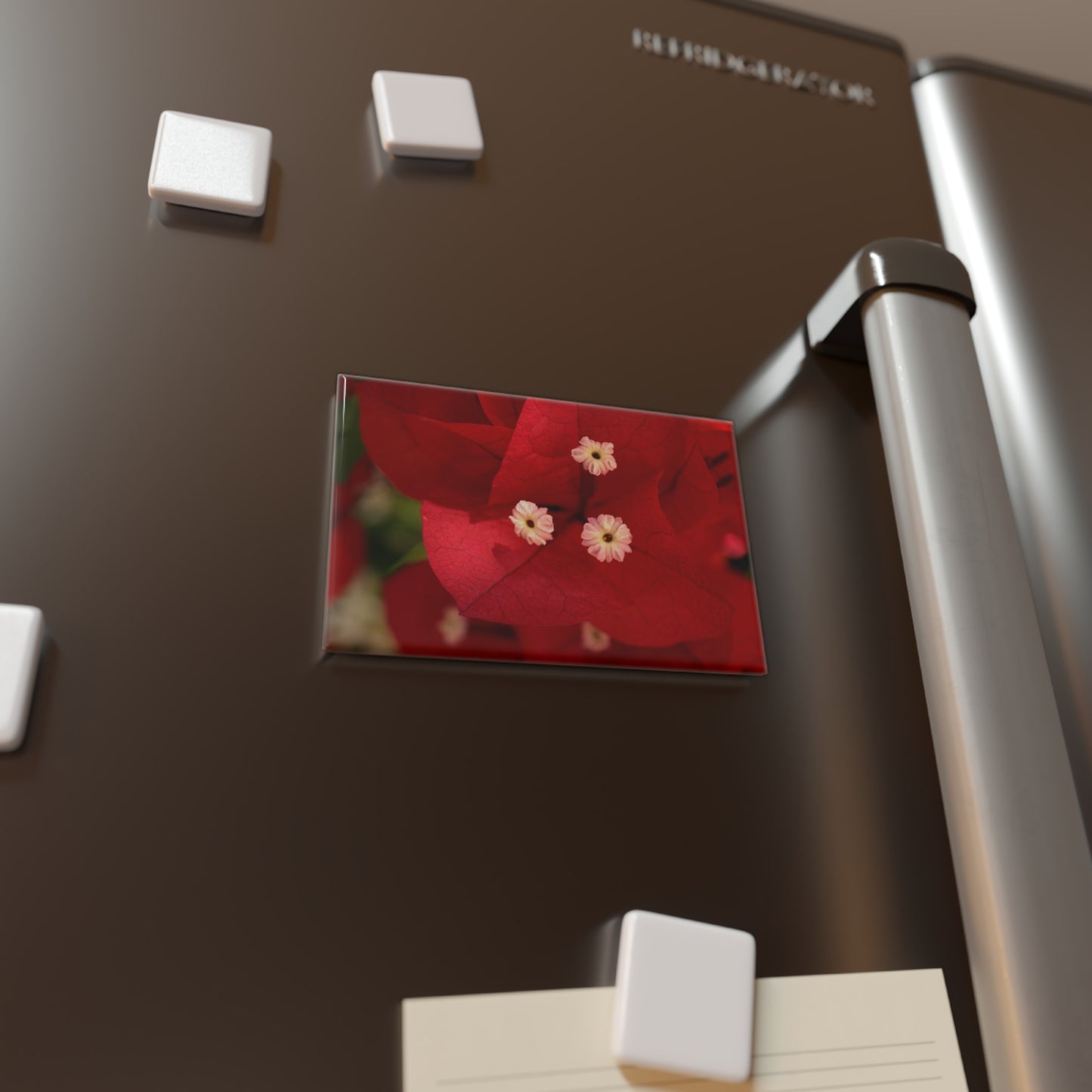 Lifestyle photo of a rectangular button magnet featuring a close-up of a brilliant red Bougainvillea bloom with three small white stamen, placed on a fridge.