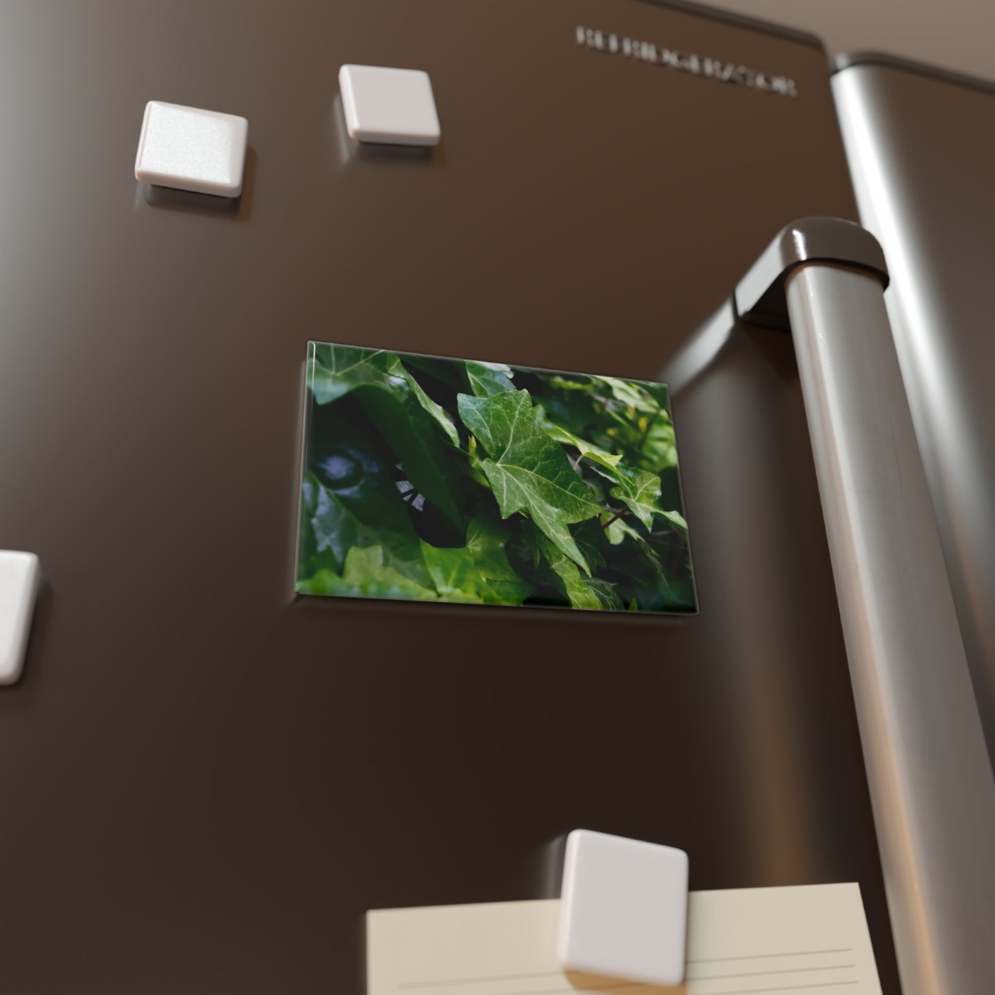 Lifestyle photo of a rectangular button magnet featuring a close-up of dark green ivy leaves, placed on a fridge.
