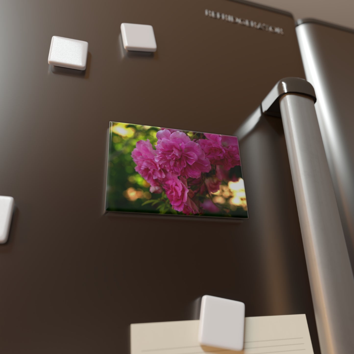 Lifestyle photo of a rectangular button magnet with an image of vivid pink roses blooming in the garden, placed on a fridge.