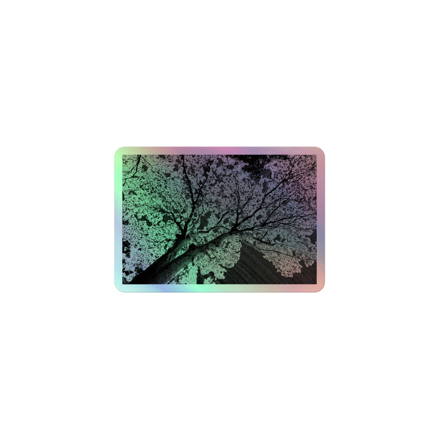 A small rectangular holographic sticker with an image of a dark embossed tree lightning design.