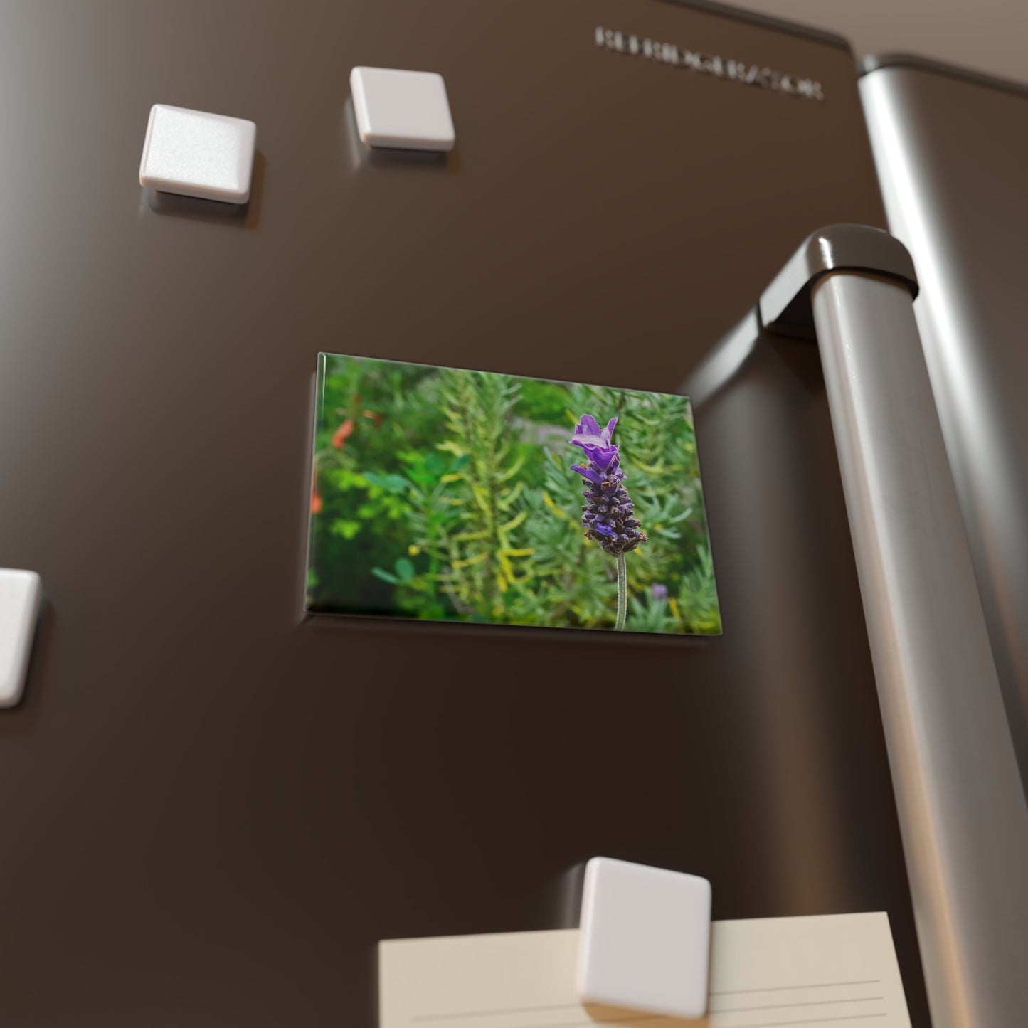 Lifestyle photo of a rectangular button magnet with an image of a bright purple lavender bloom against a vibrant green garden background, placed on a fridge.