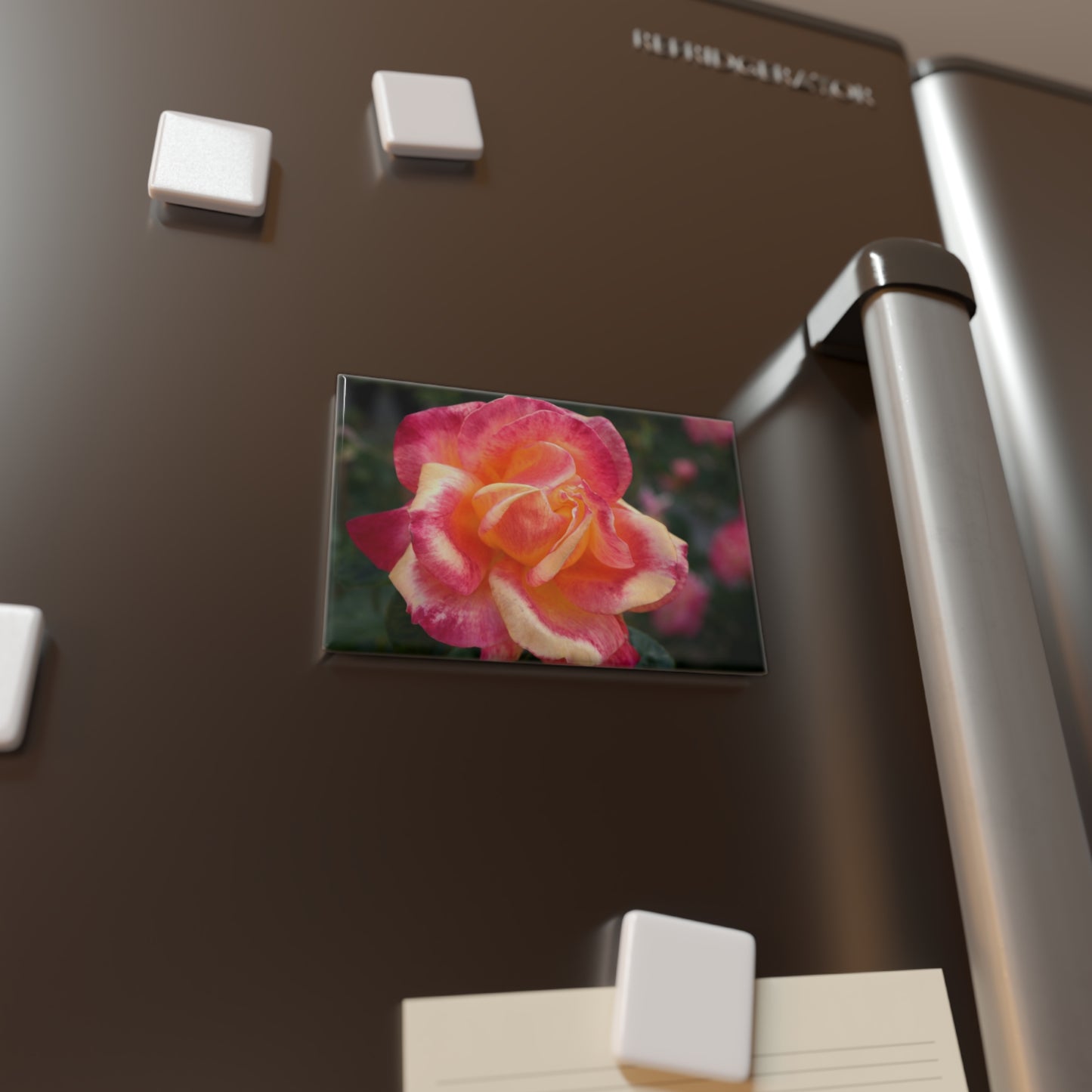 Lifestyle photo of a rectangular button magnet with an image of a pink and orange rose in the center, placed on a fridge.