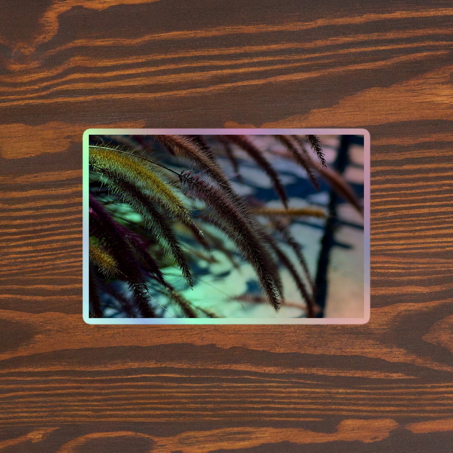 Lifestyle photo of a rectangular holographic sticker with an image ofgolden purple foxtails breeze, placed on a brown wooden table surface.