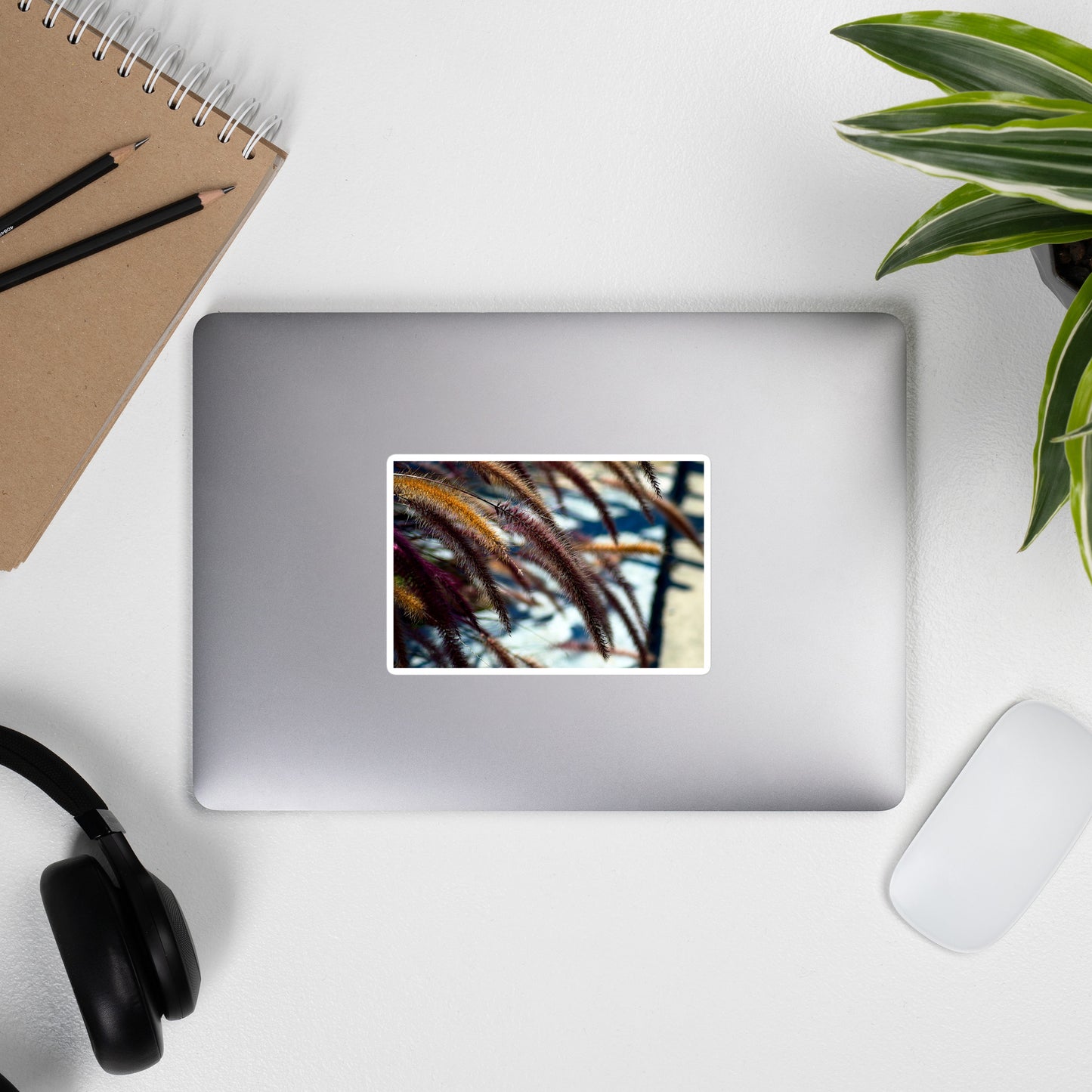 Lifestyle photo of a rectangular vinyl sticker with an image of yellow and purple foxtails, placed on the outside of a laptop.