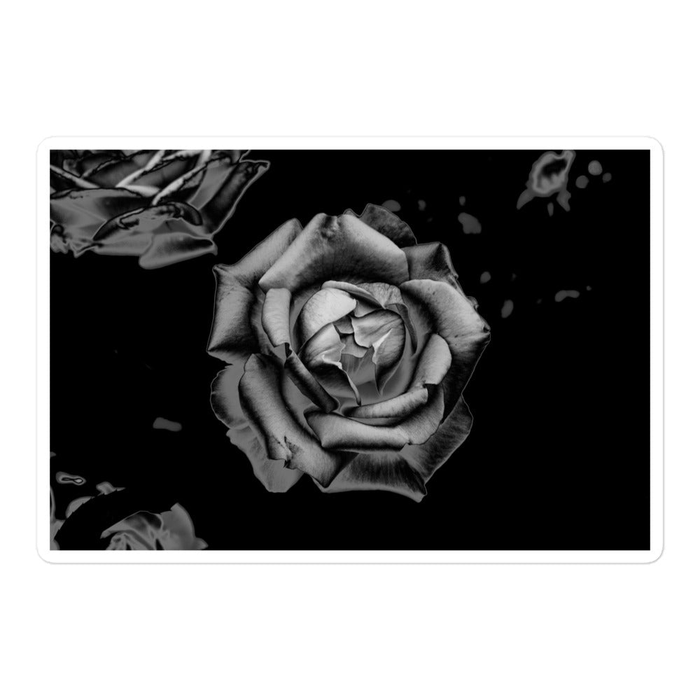 A large rectangular vinyl sticker with an image of a grey charcoal rose design.