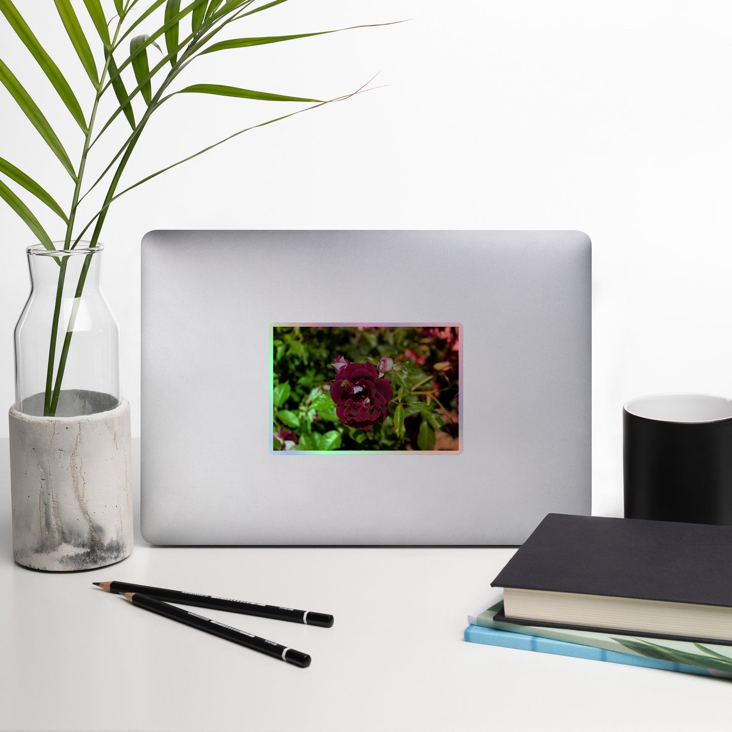 Burgundy Rose Bloom with Honeybee, Holographic Stickers