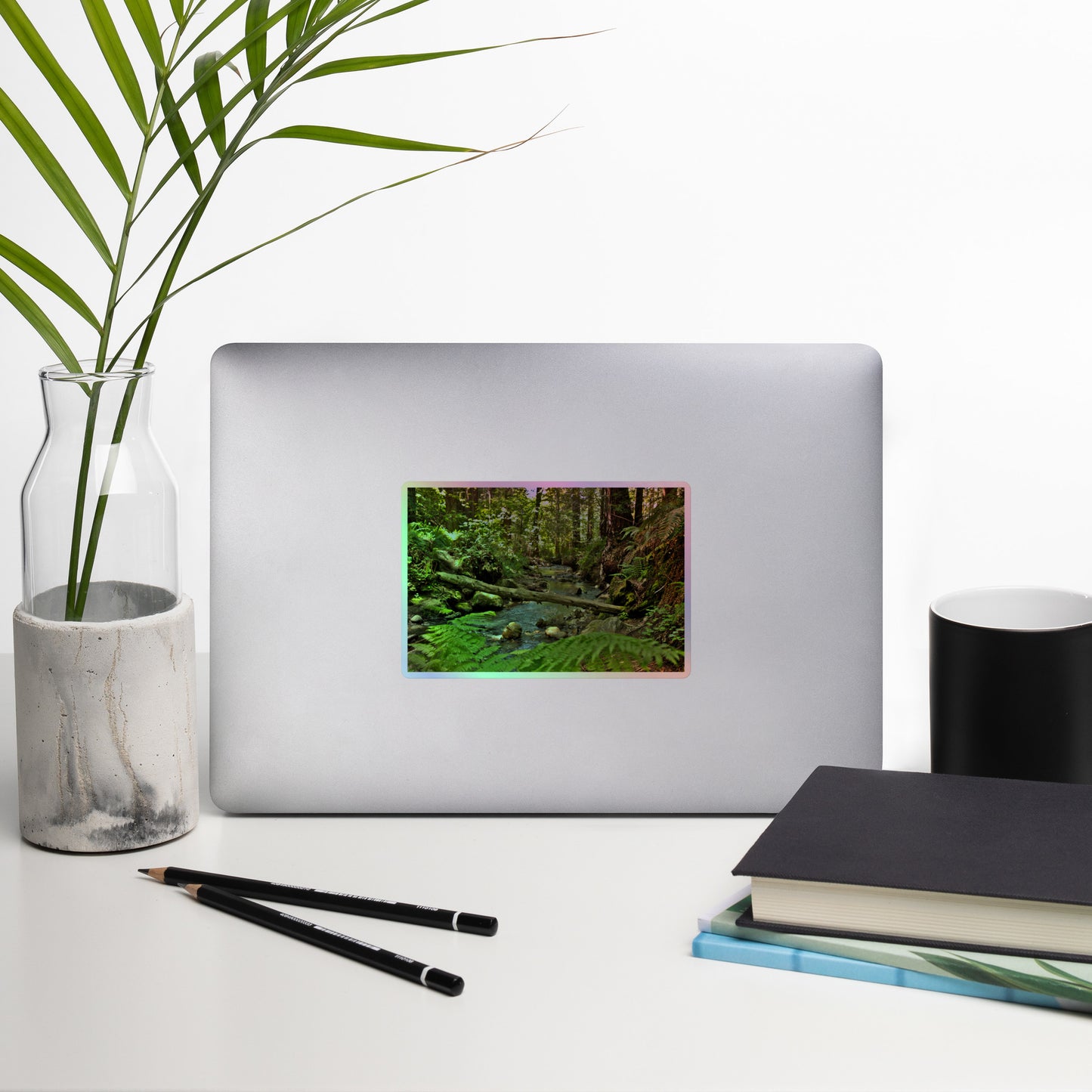 Serene Creek in Redwood Forest, Holographic Stickers