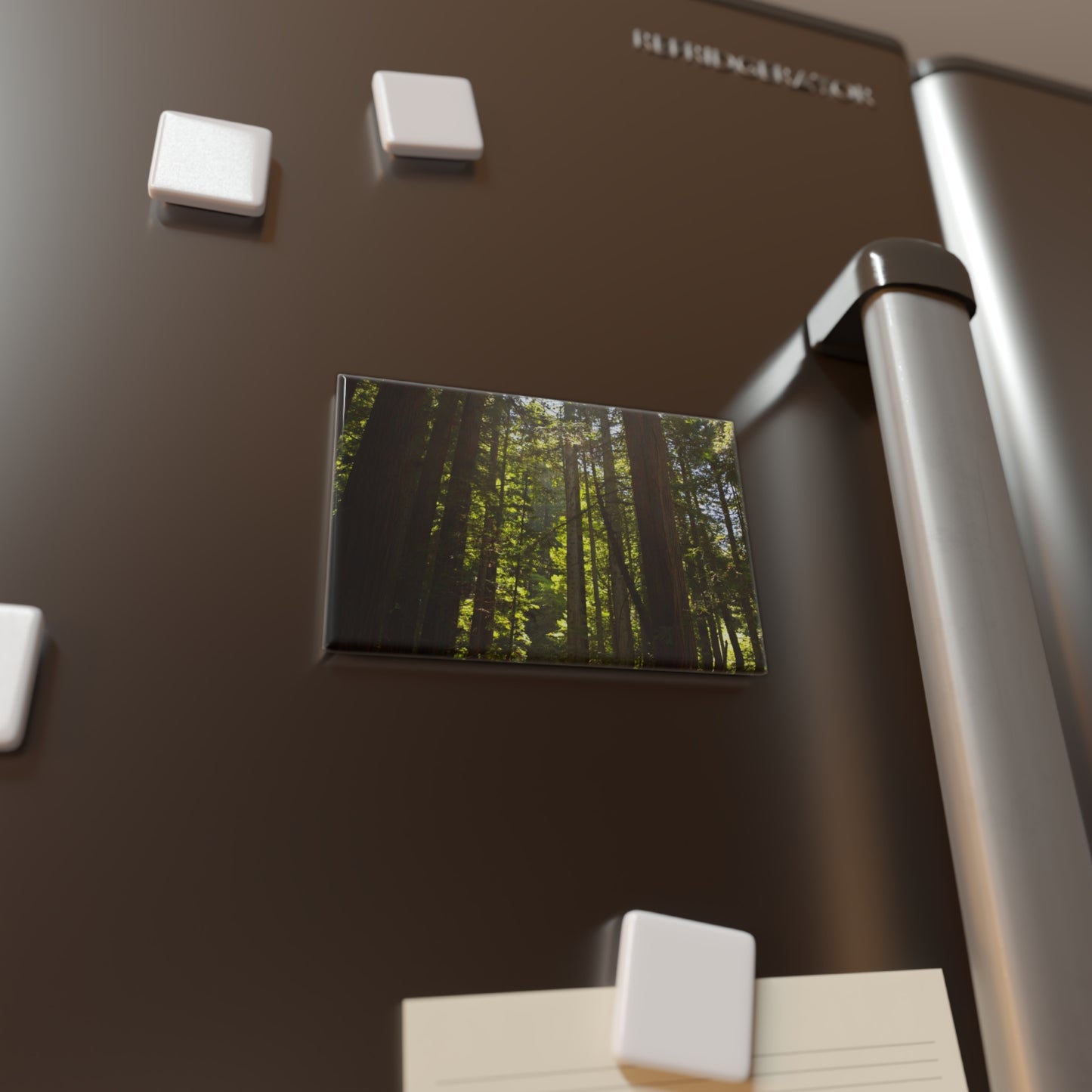Lifestyle photo of a rectangular button magnet with an image of sun rays shining through towering redwood trees, placed on a fridge.