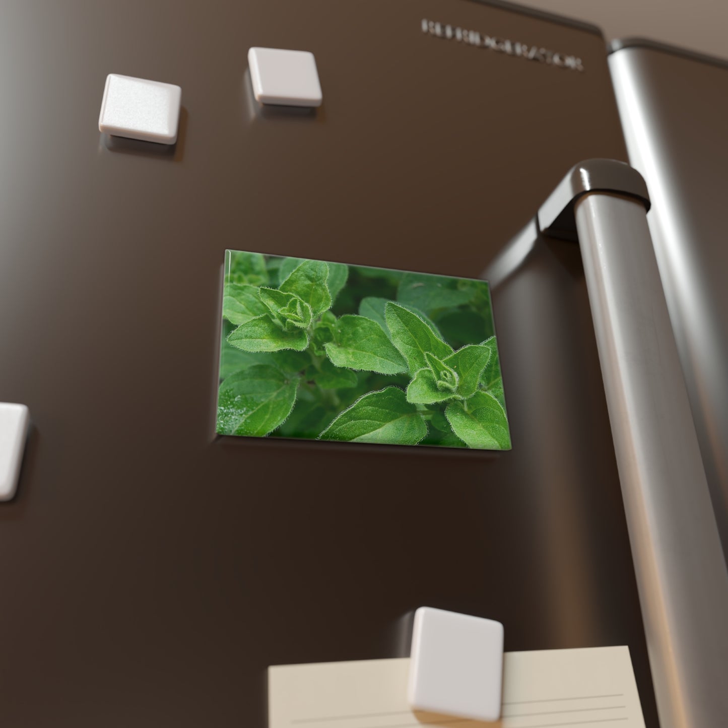 Lifestyle photo of a rectangular button magnet with an image of fresh oregano leaves growing in a garden, placed on a fridge.
