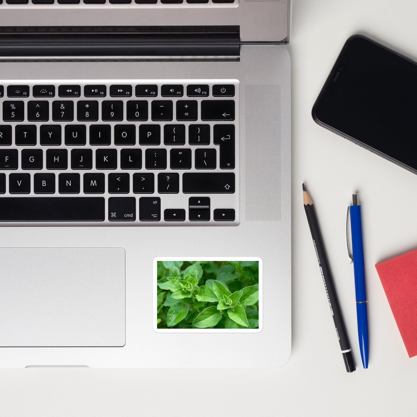 Lifestyle photo of a rectangular vinyl sticker with a close-up image of bright green oregano leaves, placed on a laptop to the right of the mouse pad.