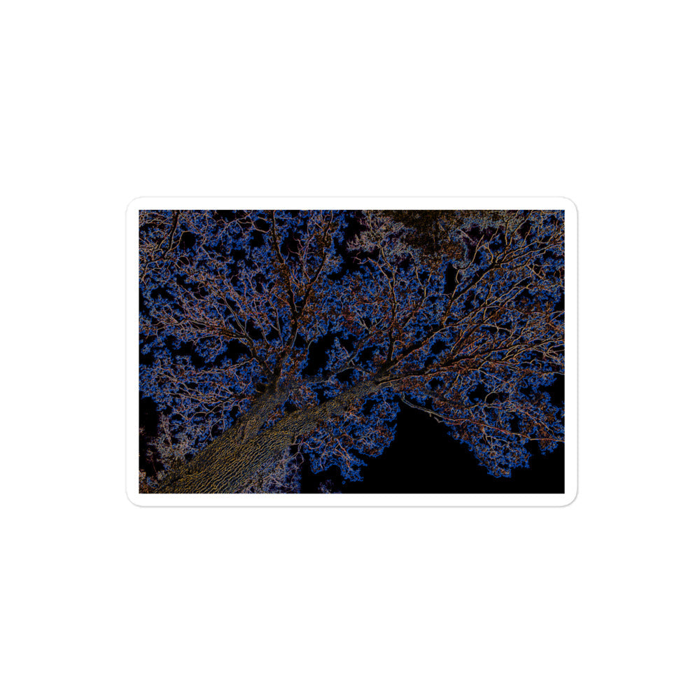 A medium rectangular vinyl sticker with an image of a neon blue and yellow tree design with lightning like features.