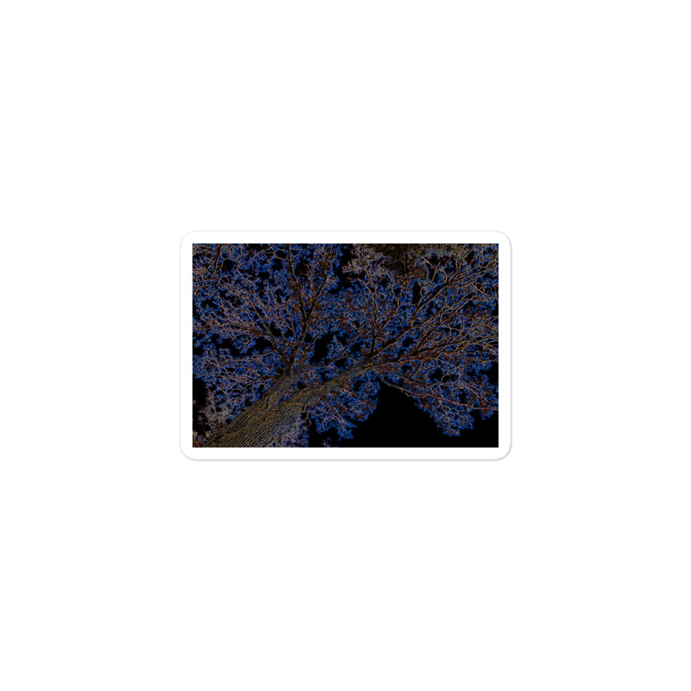 A small rectangular vinyl sticker with an image of a neon blue and yellow tree design with lightning like features.