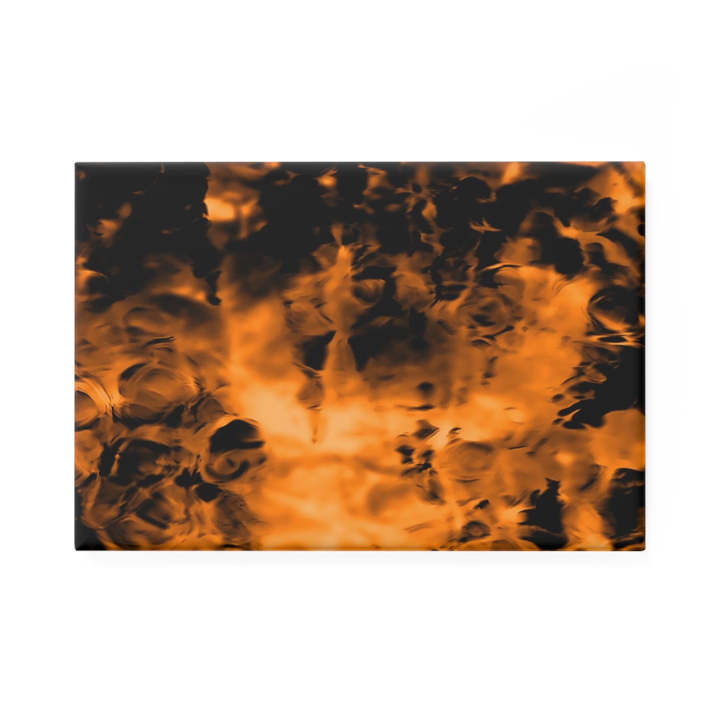 A rectangular button magnet with an image of a vivid orange and black water reflection design.