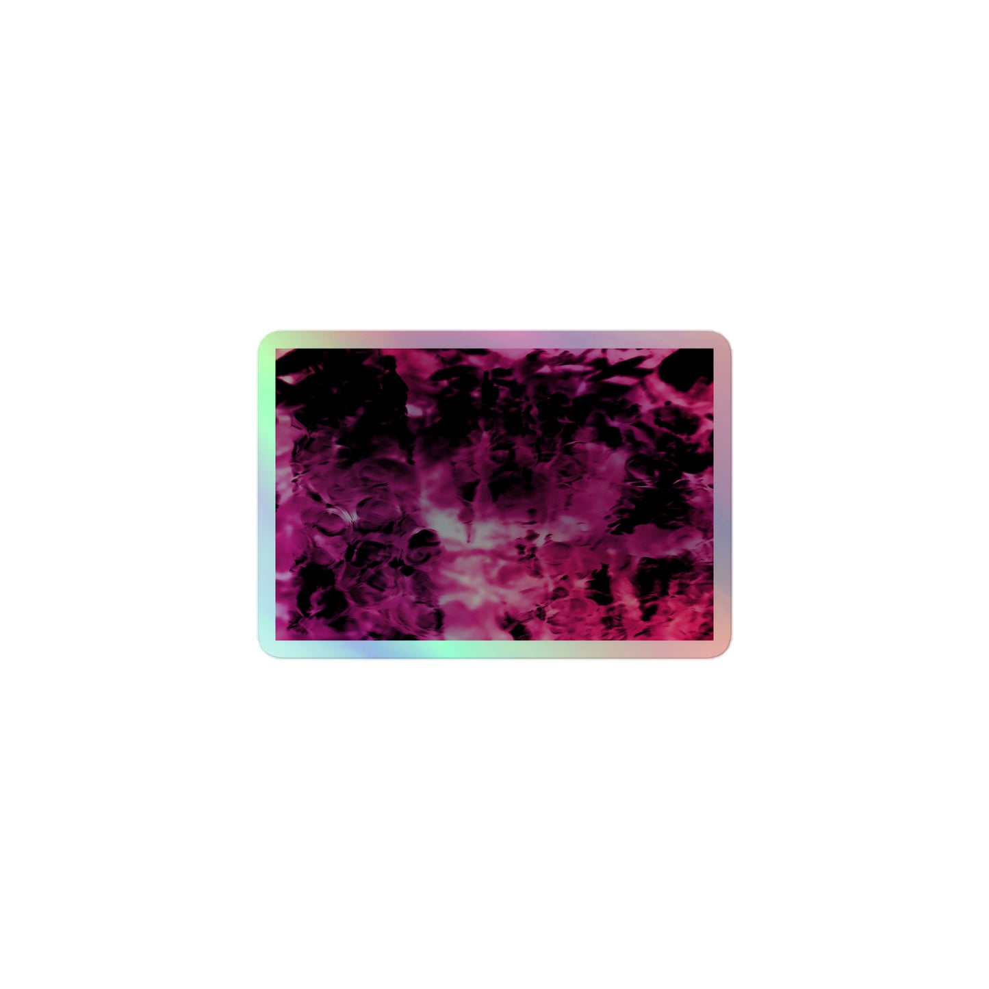 A small rectangular holographic sticker with an image of a vivid pink and black water reflection design.