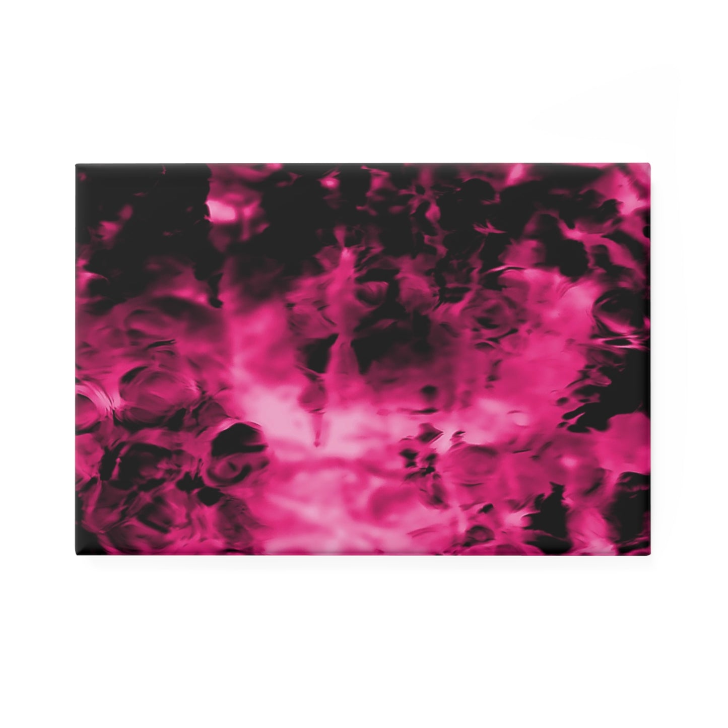 A rectangular button magnet with an image of a vivid pink and black water reflection design.