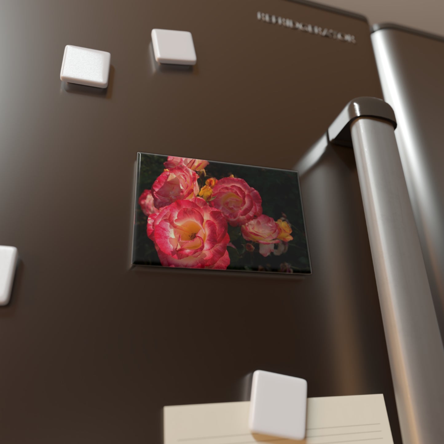 Lifestyle photo of a rectangular button magnet with an image of pink and gold blooms in a rose garden, placed on a fridge.