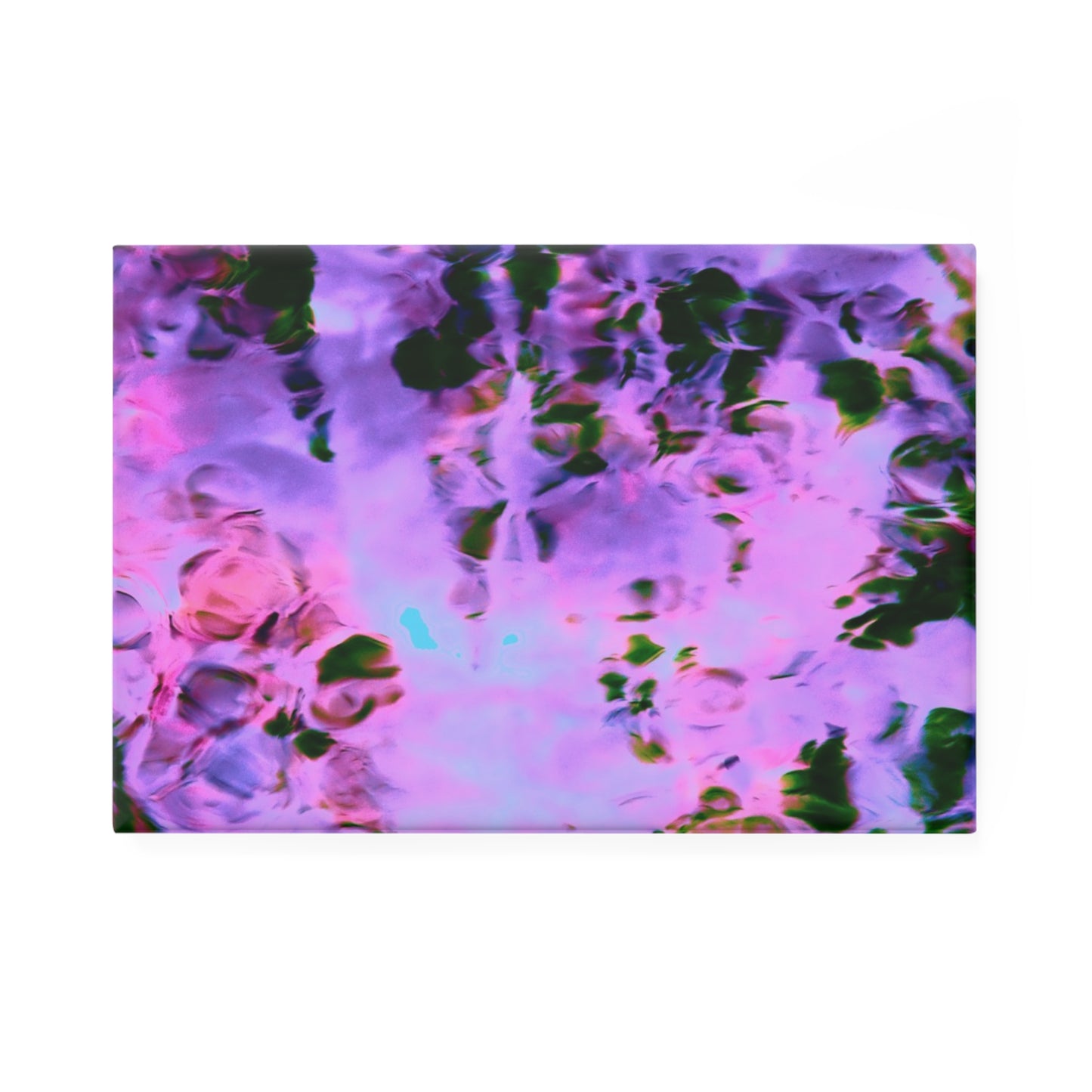 A rectangular button magnet with an image of a vivid pink and purple water reflection design.