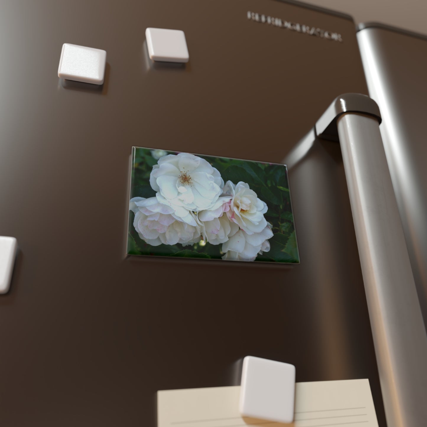 Lifestyle photo of a rectangular button magnet with an image of a white rose bush int he center, placed on a fridge.