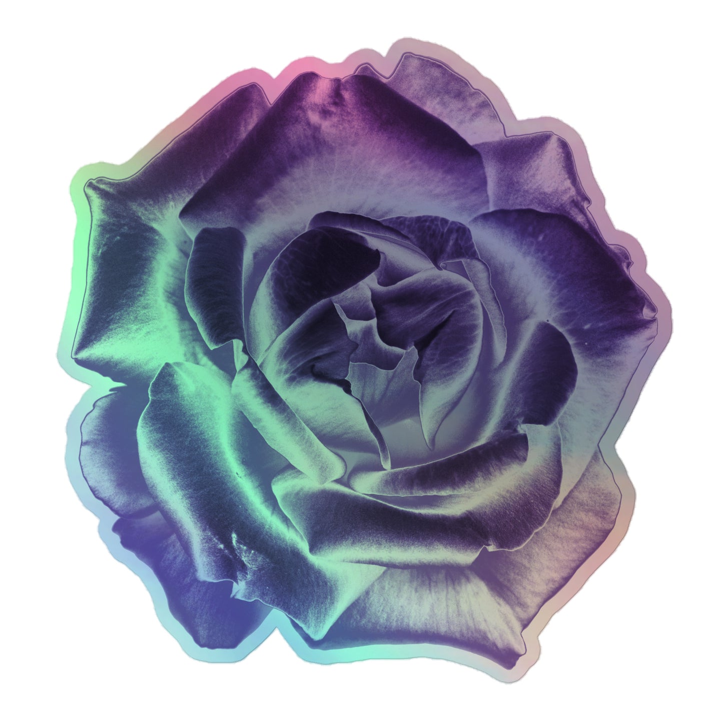 A large kiss-cut holographic sticker with an image of a reflective purple rose design.