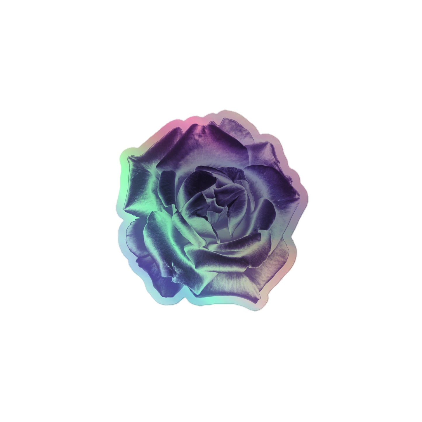 A small kiss-cut holographic sticker with an image of a reflective purple rose design.