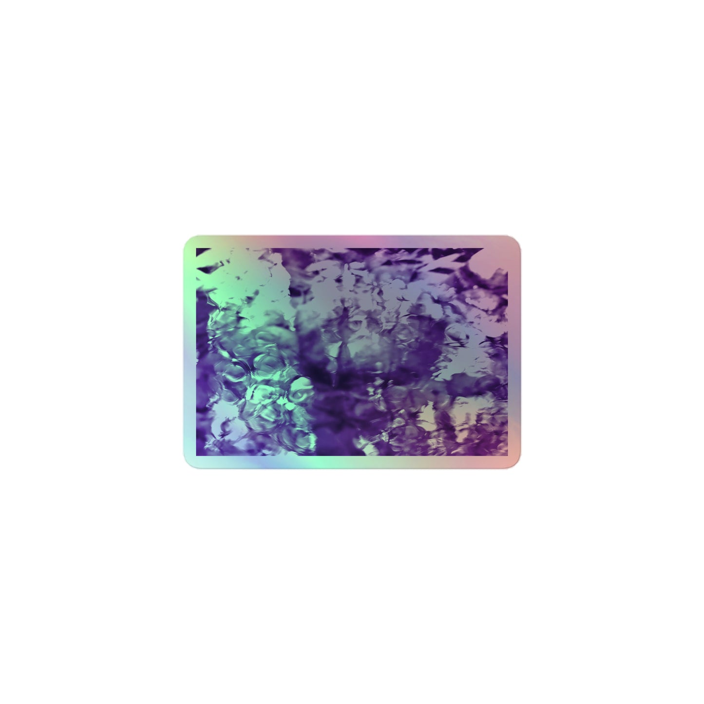 A small rectangular holographic sticker with an image of a vivid purple water reflection design.