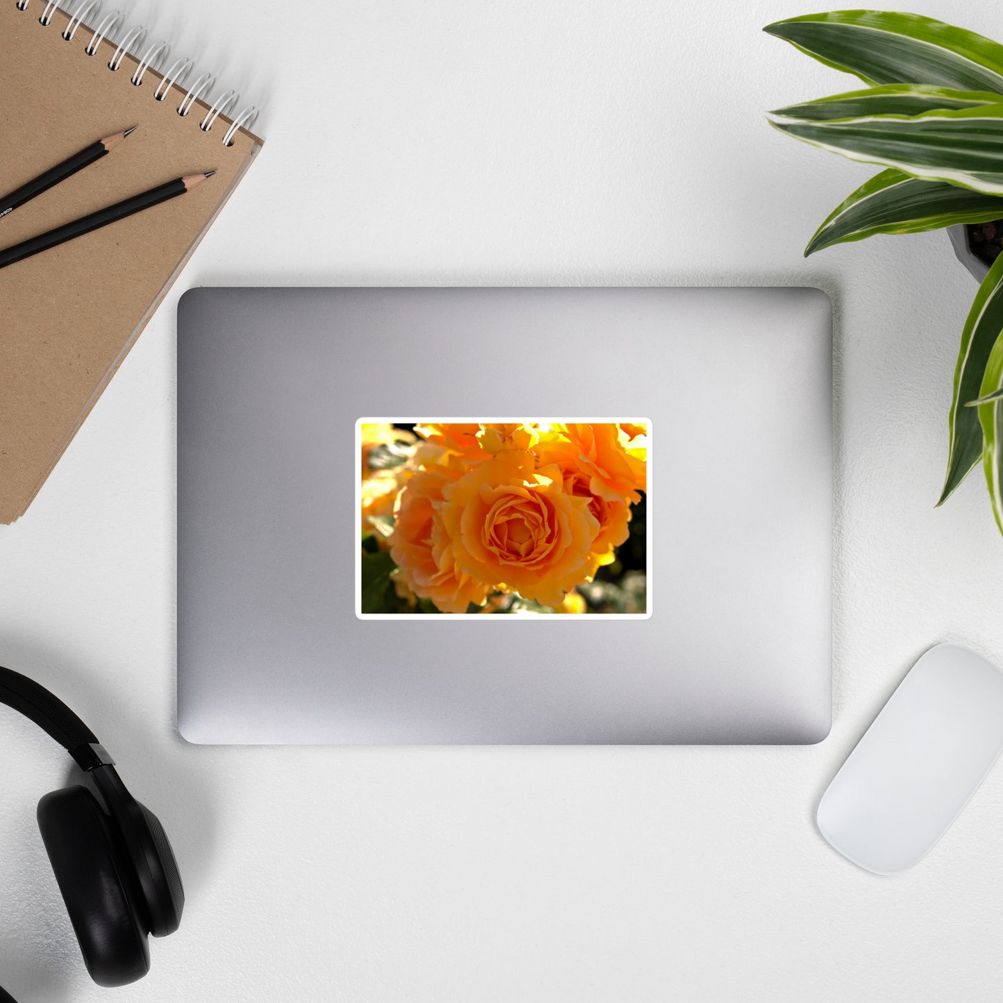Lifestyle photo of a rectangular vinyl sticker with an image of orange rose blooms, placed on the outside of a laptop.