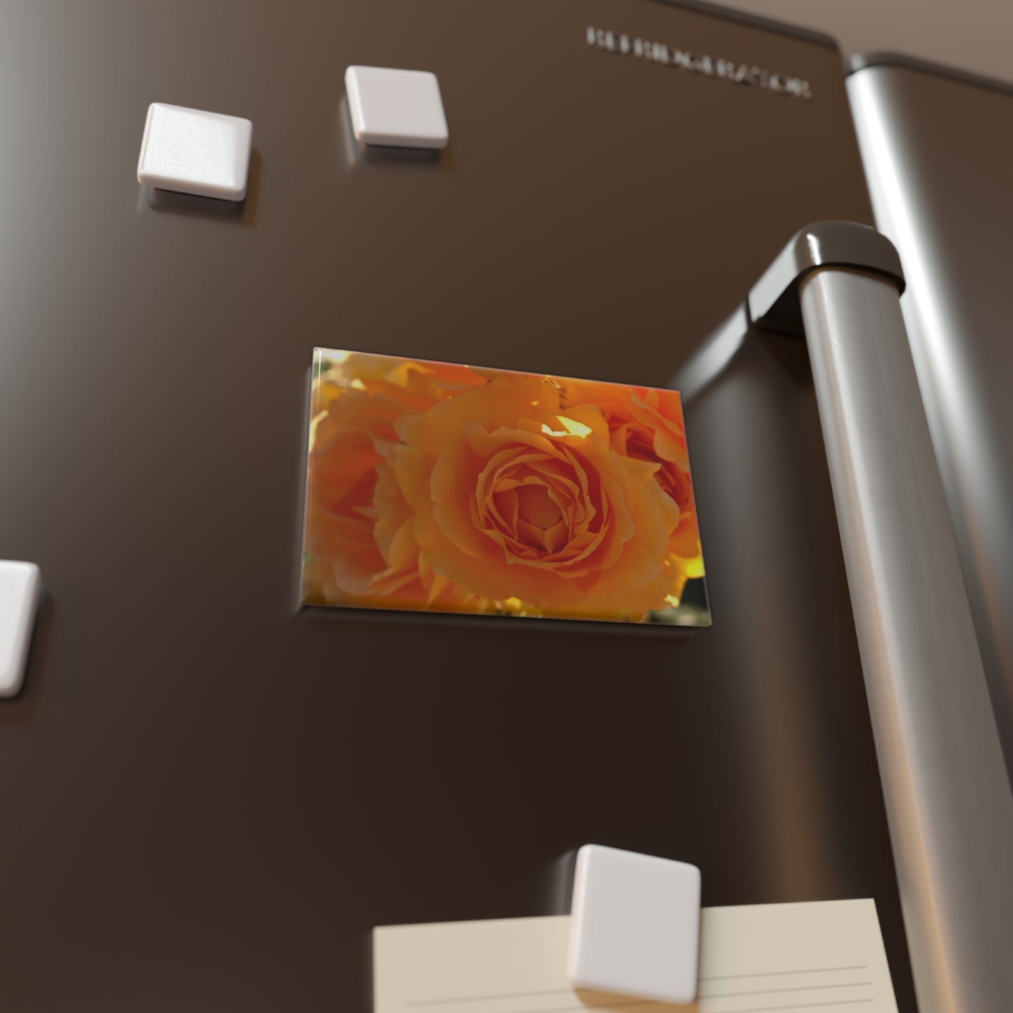 Lifestyle photo of a rectangular button magnet with an image of radiant orange roses bathed in sunlight, placed on a fridge.