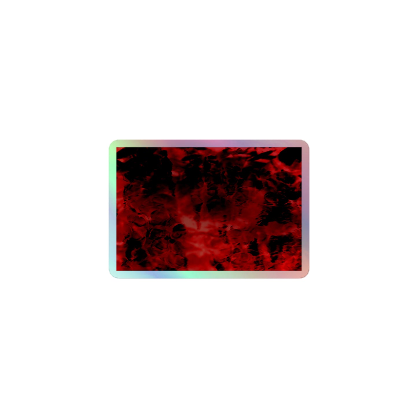 A small rectangular holographic sticker with an image of a vivid red and black water reflection design.