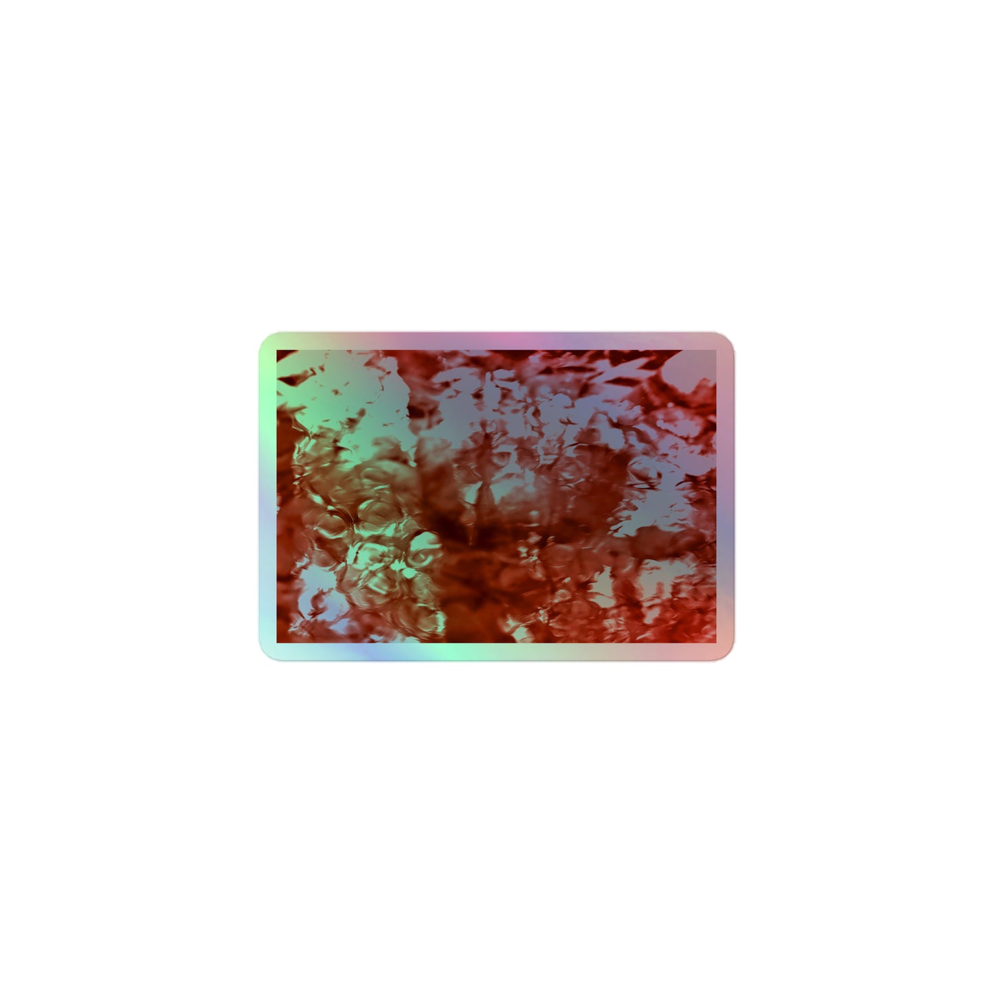 A small rectangular holographic sticker with an image of a vivid red water reflection design.