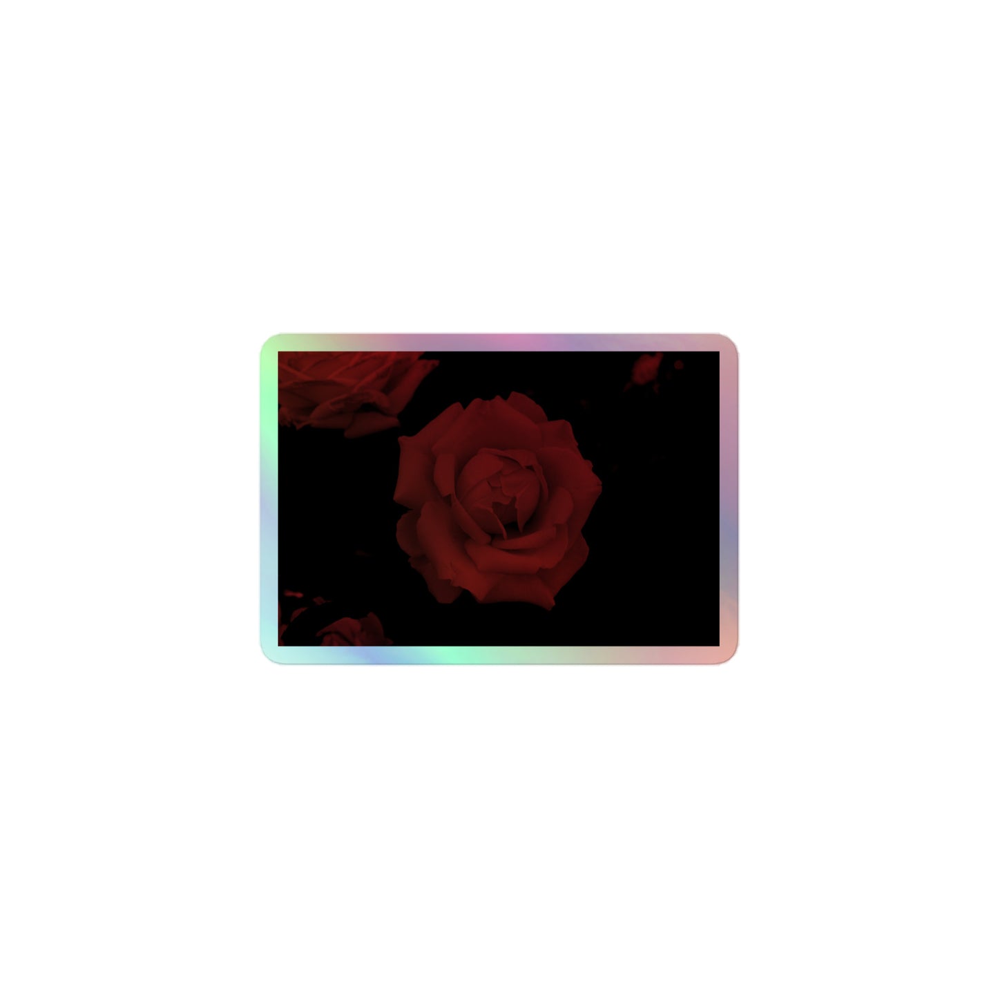 A small rectangular holographic sticker with an image of a red vivid rose design.