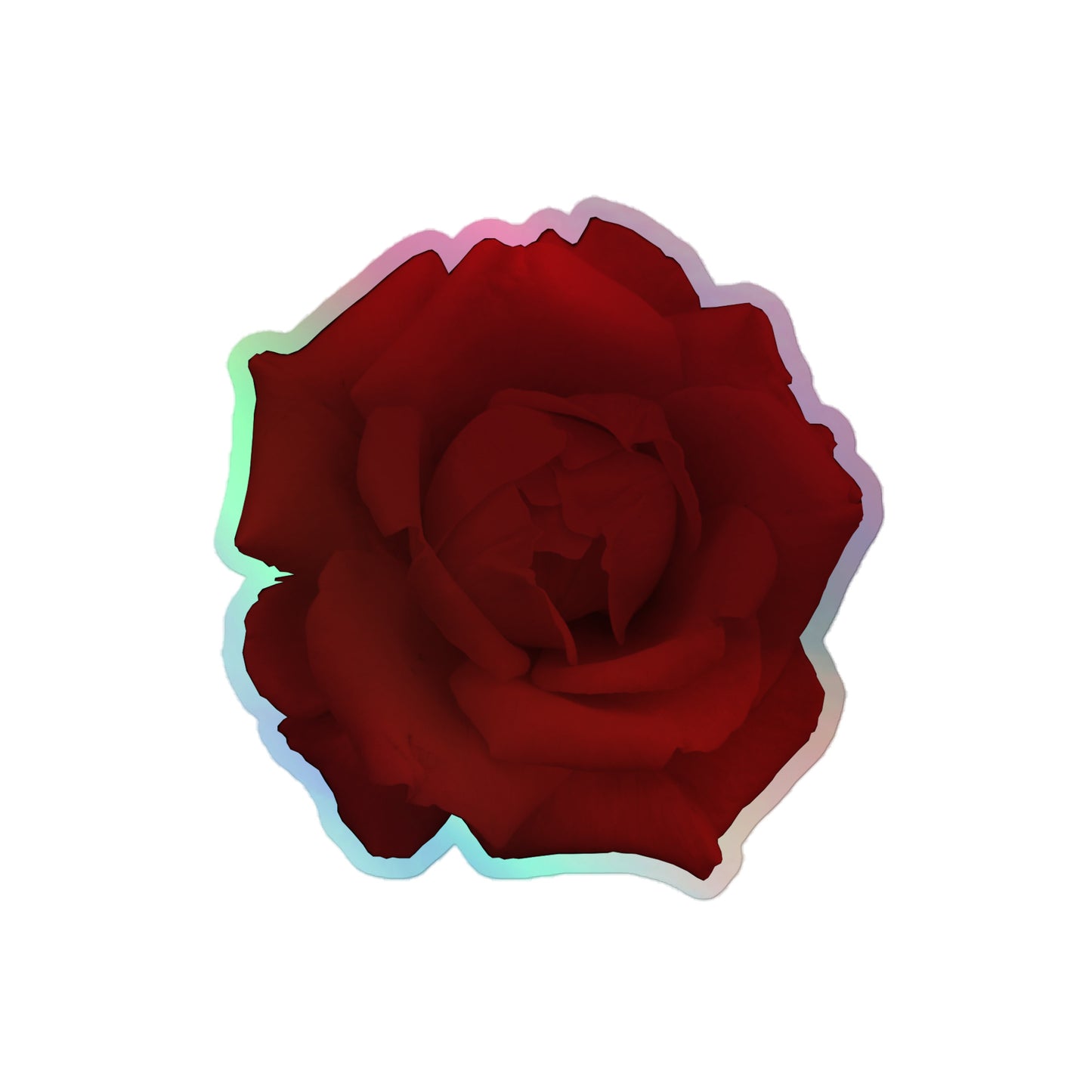 A medium kiss-cut holographic sticker with an image of a vivid red rose design.