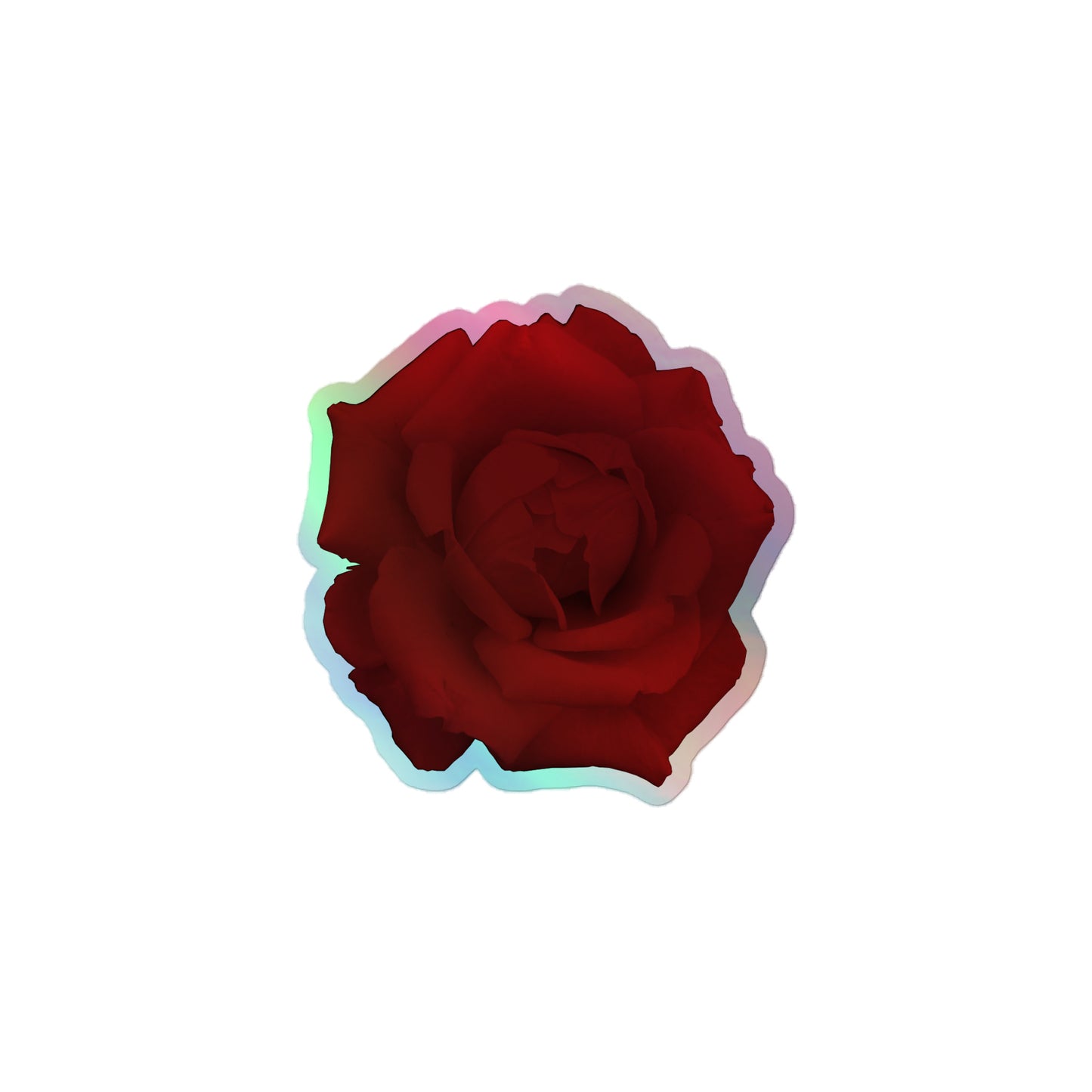 A small kiss-cut holographic sticker with an image of a vivid red rose design.