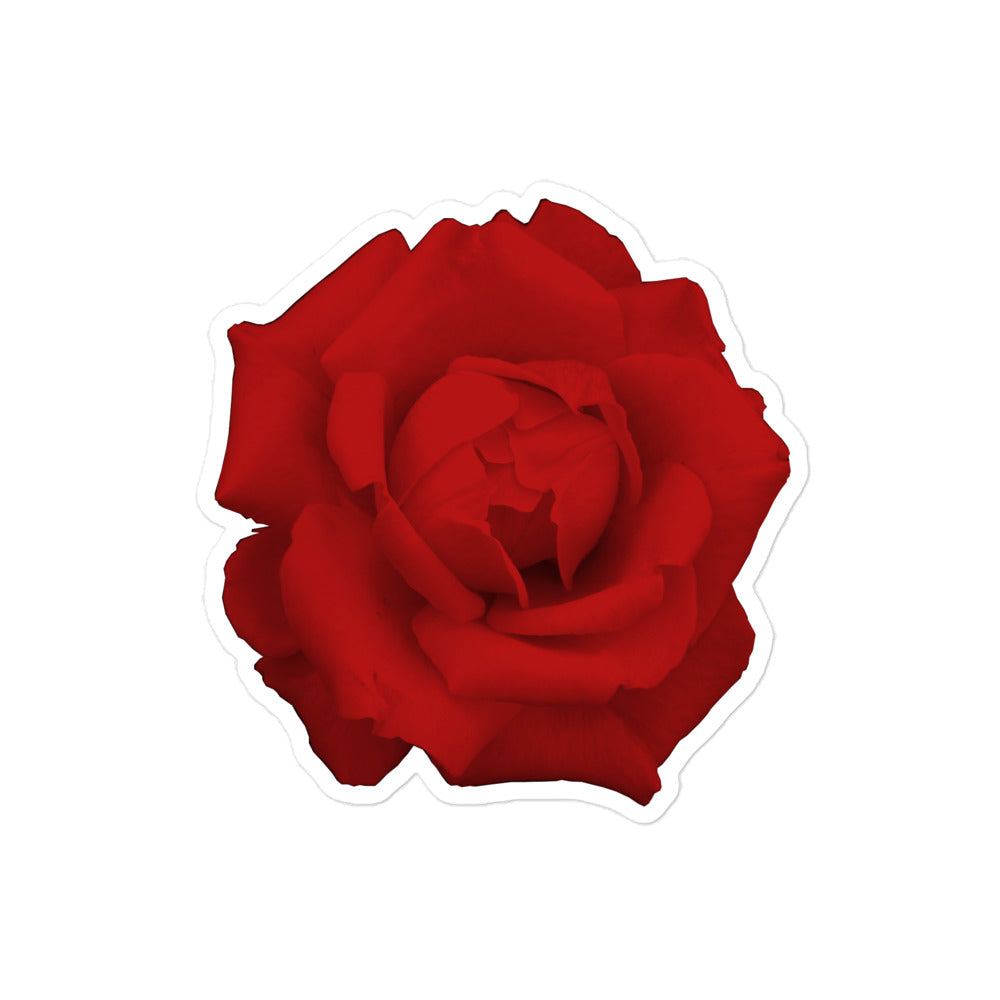 A medium kiss-cut vinyl sticker with an image of a vivid red rose design.