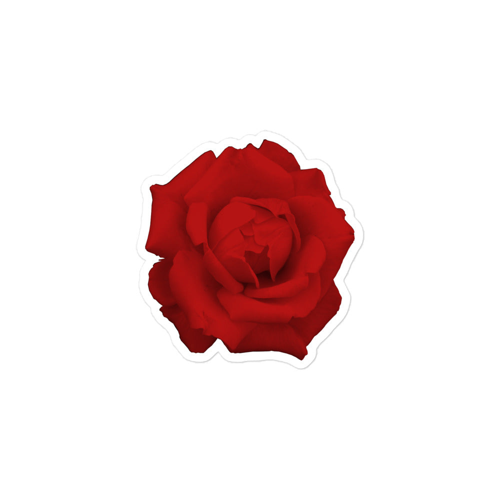 A small kiss-cut vinyl sticker with an image of a vivid red rose design.