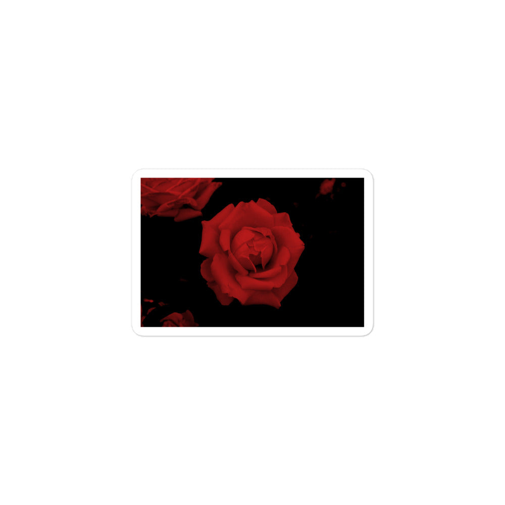 A small rectangular vinyl sticker with an image of a vivid red rose design.