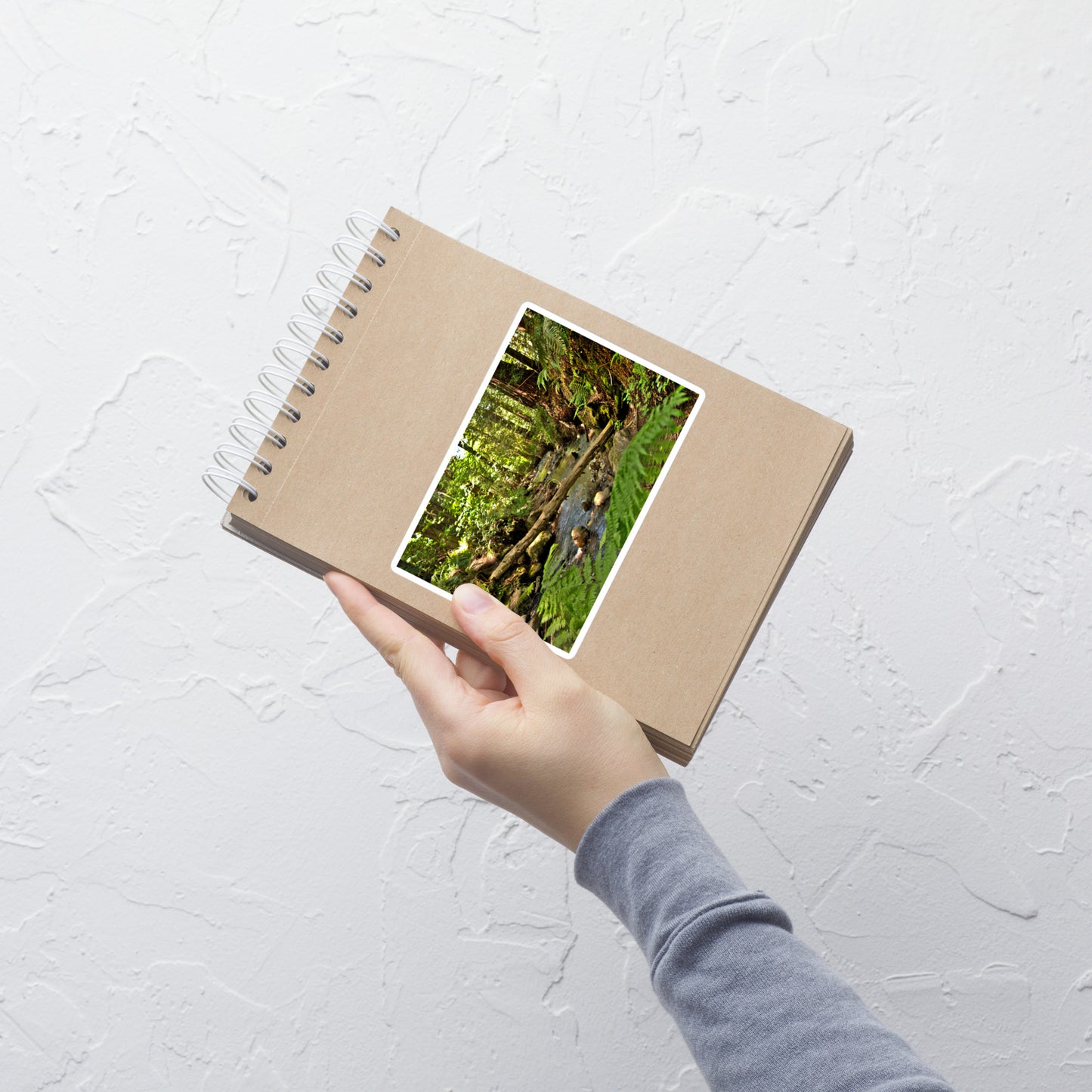 Lifestyle photo of a rectangular vinyl sticker with an image of a creek in a redwood forest with ferns, placed on a small notepad.