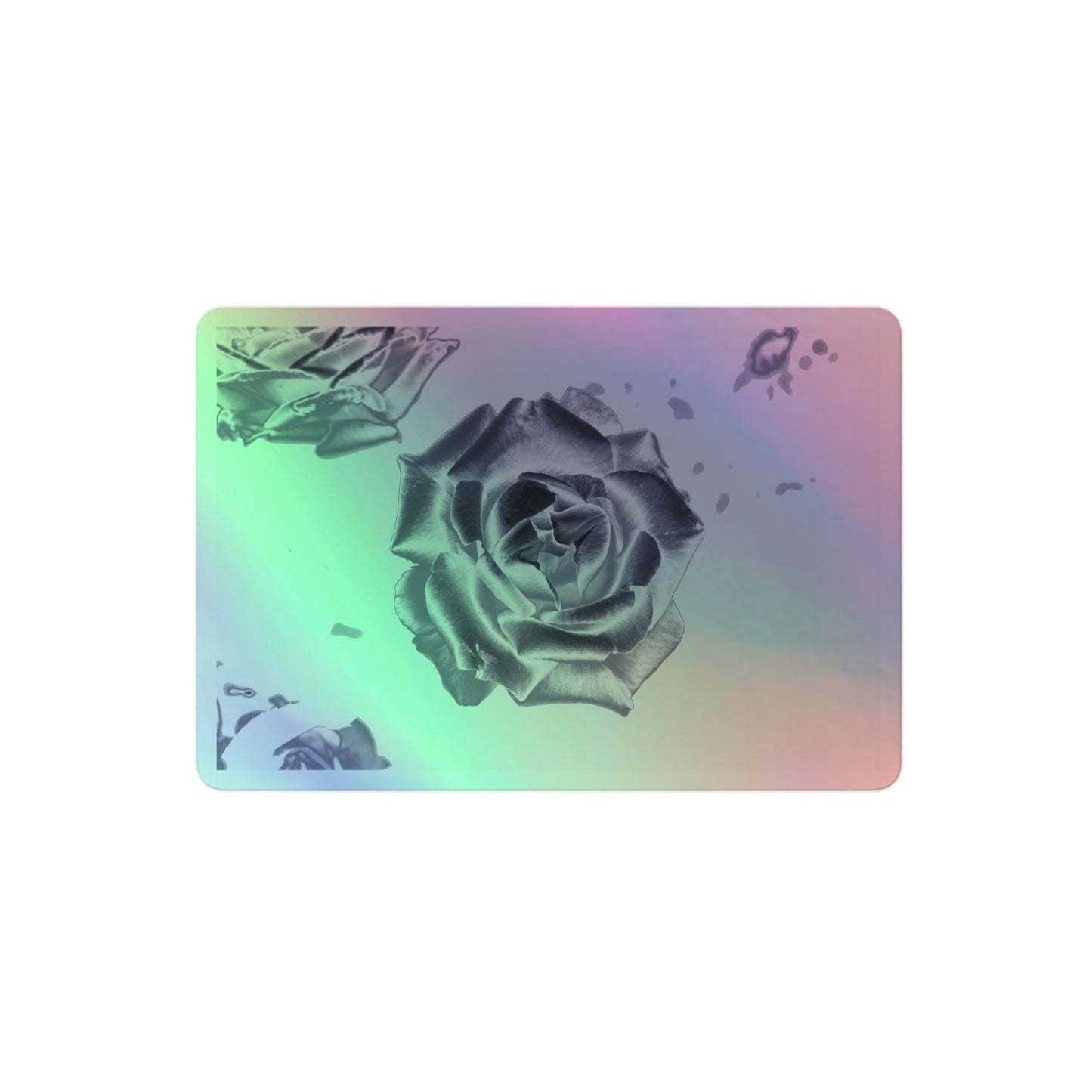 A medium rectangular holographic sticker with an image of a silver reflective rose design.