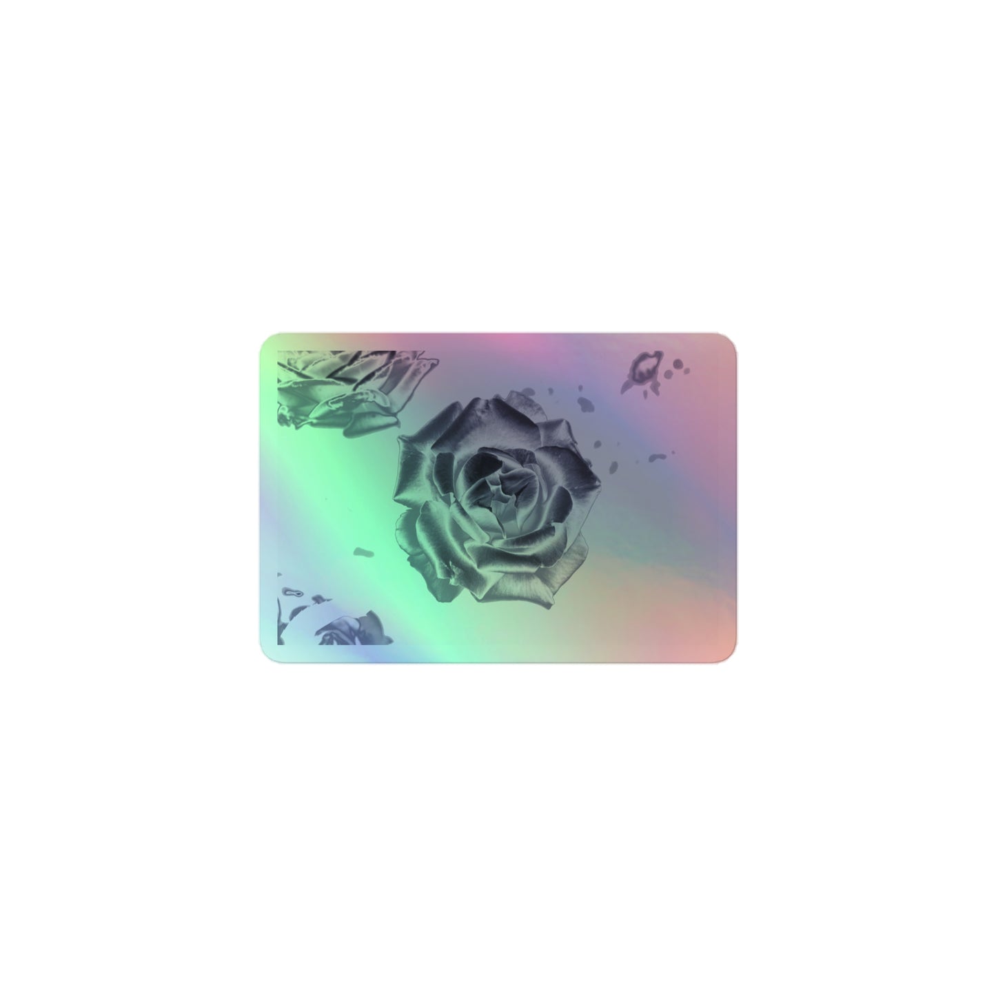 A small rectangular holographic sticker with an image of a silver reflective rose design.
