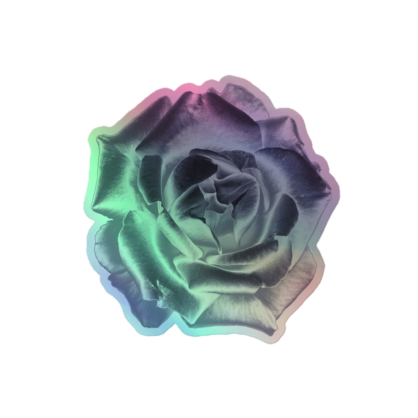 A medium kiss-cut holographic sticker with an image of a reflective silver rose design.