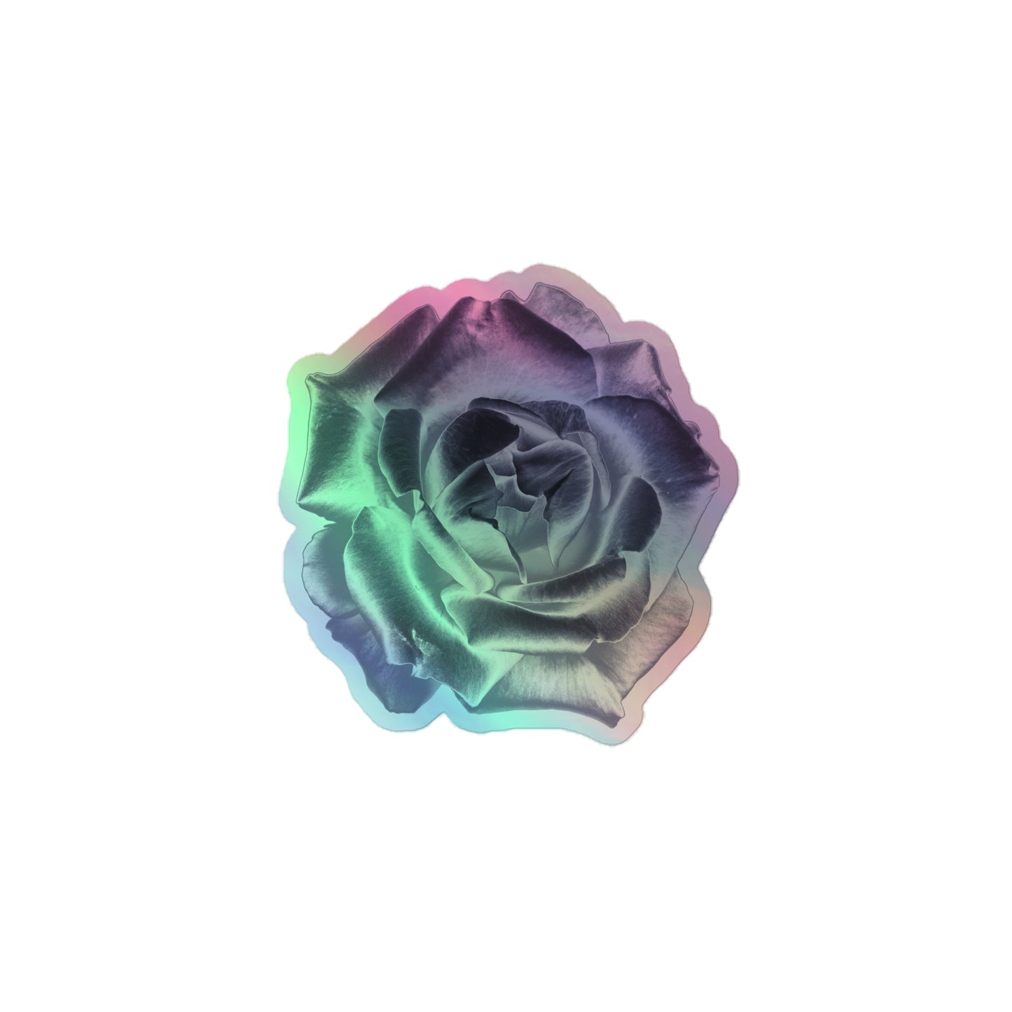 A small kiss-cut holographic sticker with an image of a reflective silver rose design.